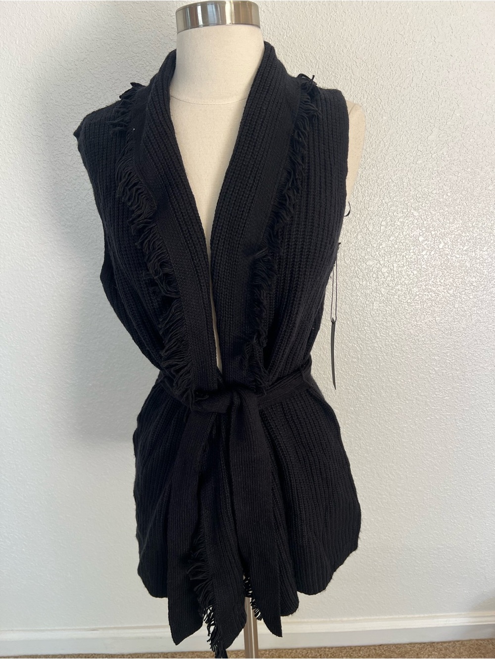 Tahari Black Ribbed Fringe Open-Front Sweater Vest